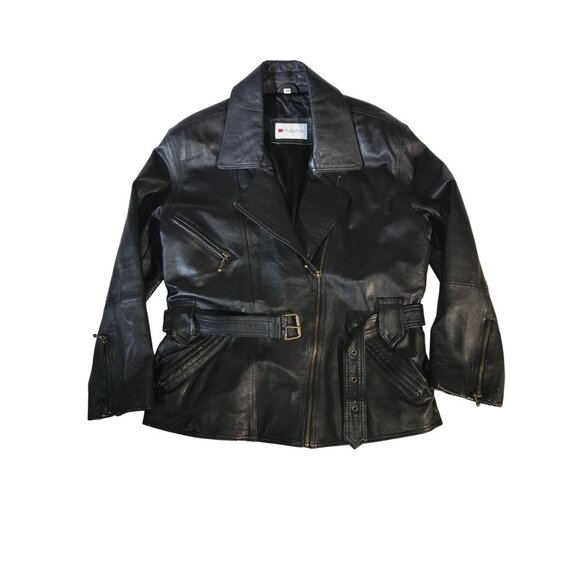 Fabiani Women's Black Leather Jacket Size  38 With 2-Inch Belt & Three Zippered - Picture 1 of 8